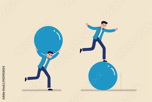 Work smarter not harder, efficient way with minimal effort to win business competition, better or difference strategy to outsmart competitor concept, businessman run fast on sphere effortless to win.