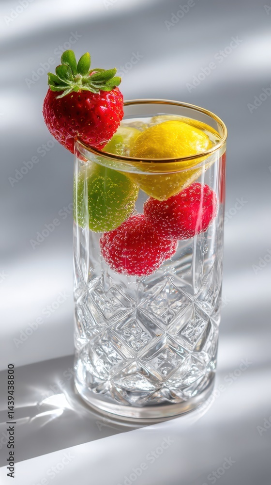 Refreshing Summer Drink with Colorful Fruit Garnish in Clear Glass Refreshing Summer Drink with Colorful Fruit Garnish in Clear Glass