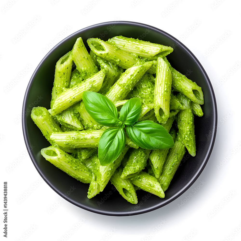 Top view Italian pasta al pesto on plate, isolated on white