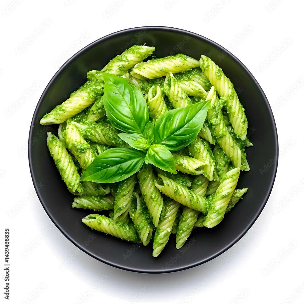 Top view Italian pasta al pesto on plate, isolated on white