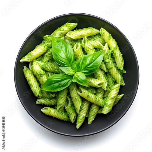 Obraz na płótnie Top view Italian pasta al pesto on plate, isolated on white w salonie