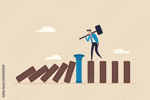Business continuity and recovery, crisis management, proactive to protect disaster and risk, prevention or strategy to avoid danger concept, businessman put the nail to protect domino effect collapse.