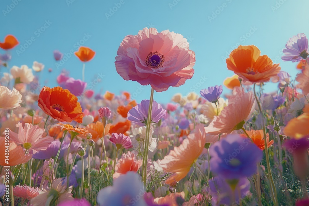 Obraz premium Vibrant field of colorful wildflowers basking in sunlight, a picturesque scene of nature's beauty.