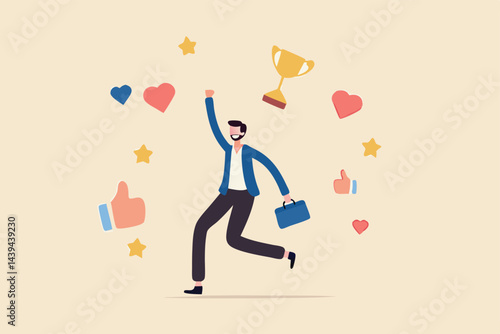 Appreciate high performance employee, good job or praising success staff, recognition or congratulation concept, cheerful success businessman with appreciation thumbs up applause, stars and trophy.