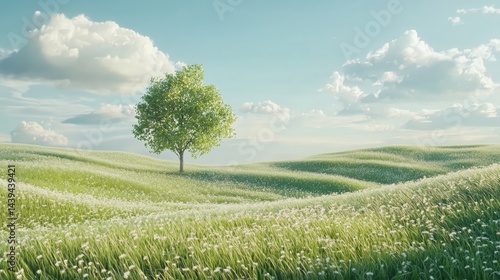 Peaceful, verdant landscape with solitary tree.