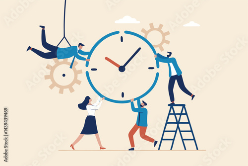 Time management or project management to control team to complete tasks or strategic planner to manage resources to complete work in deadline, businessman and woman help combine clock timer pieces.