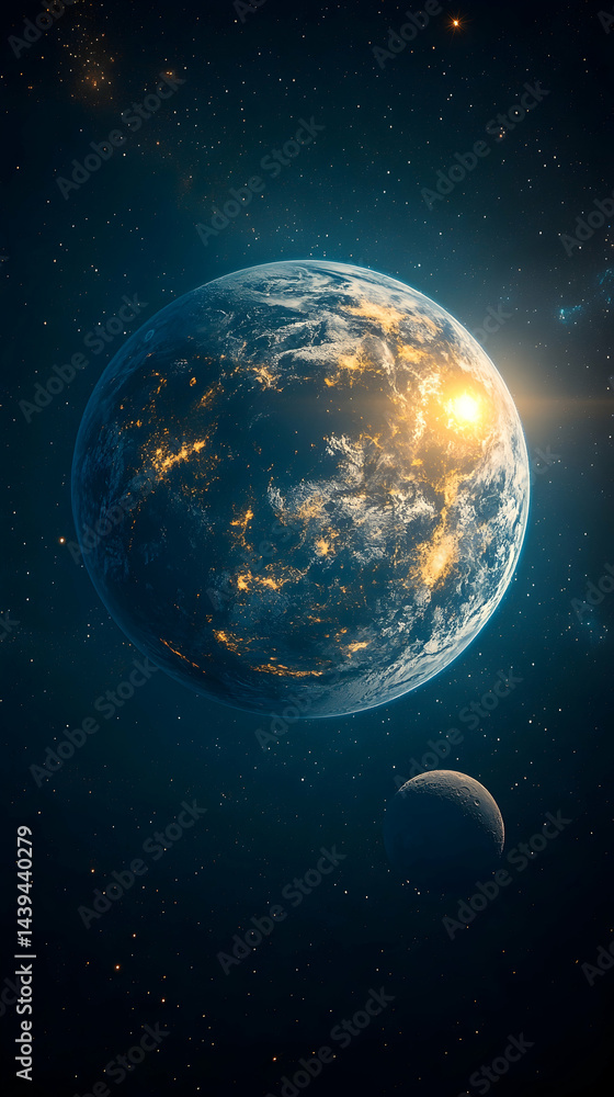 Fototapeta premium Earth and its moon in space gleaming with city lights clouds and the sun in a starry sky