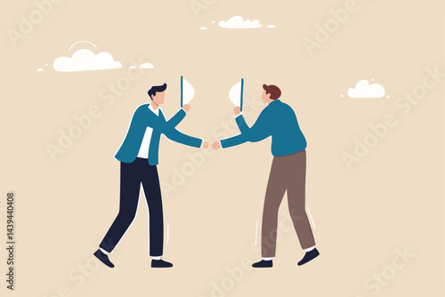 Dishonesty partnership or fake agreement, liar or suspicion fraud, betrayal or disguise deal, hidden threat ready to stab behind concept, businessmen handshake both holding mask to hide real thought.