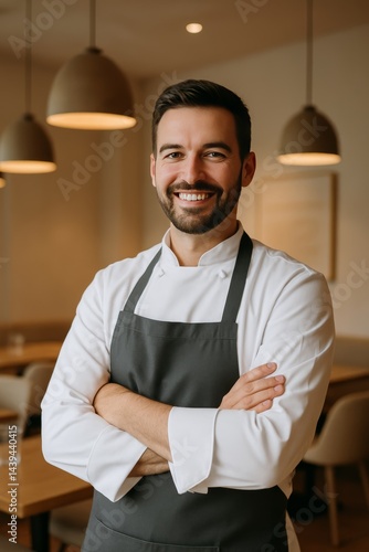 A confident and smiling chef wearing a modern apron stands with arms crossed in a chic, minimalist restaurant.
