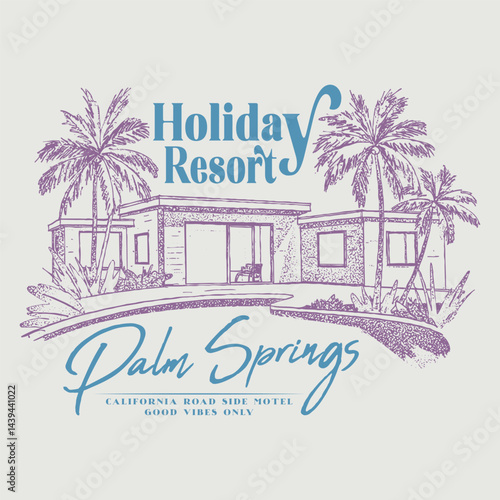 Summer vibes, Palm Springs Beach paradise resort, Miami, California, Hawaii, aloha surf typography for t-shirt. Enjoy holiday at dream paradise resort t-shirt design. Palm tree retro print artwork.