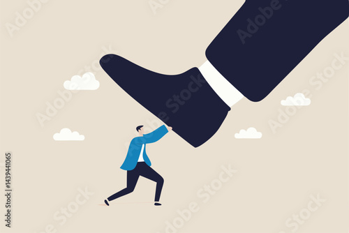 Unfair competition, cheating or using authority and power to abuse competitor, violence, conflict or employee fight concept, small employee trying to push back giant boss or competitor big feet.