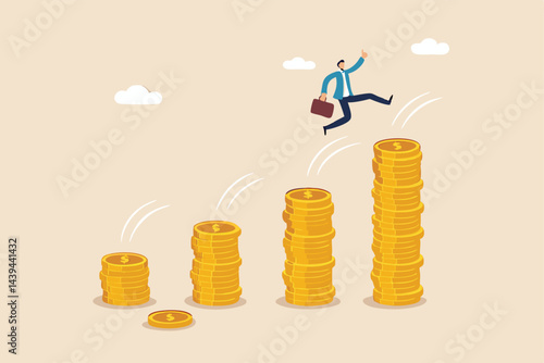 Pay raise salary increase, wages or income growth, investment profit and earning rising up, career development or wealth management concept, happy businessman jumping on rising money coin stack.