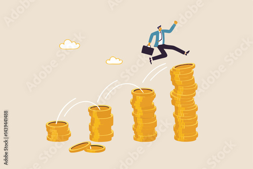 Pay raise salary increase, wages or income growth, investment profit and earning rising up, career development or wealth management concept, happy businessman jumping on rising money coin stack.