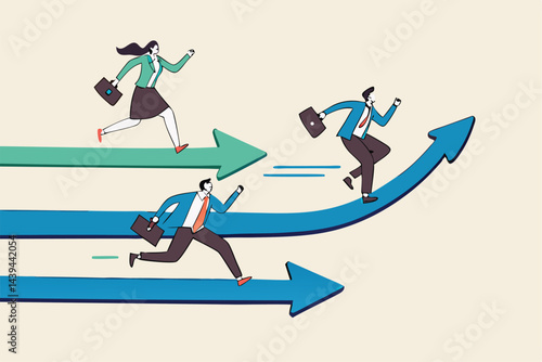 Taking initiative be first to try different way and discover new opportunity, creative way to success and win competition, leadership skill concept, businessman taking initiative run in different way.
