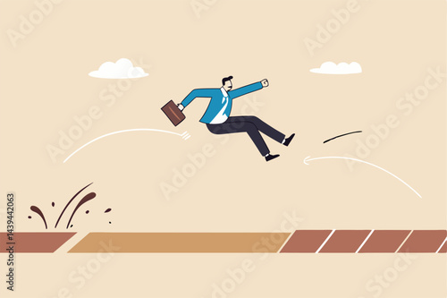 Business challenge, ambition to win competition or better than previous try, effort to achieve target or goal, overcome difficulty concept, businessman with briefcase long jump to winning new record.