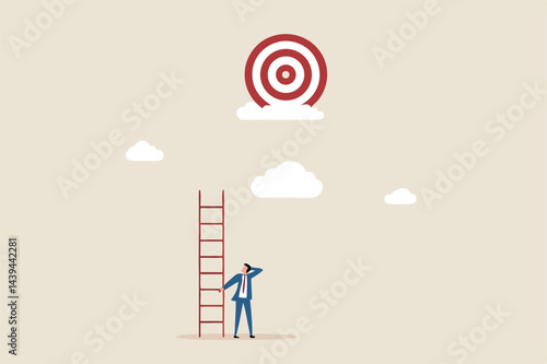 Mistake and error causing business problem and missing goal, disappointment or mission fail, hopeless on unreachable target concept, hopelessness businessman with too short ladder cannot reach target.