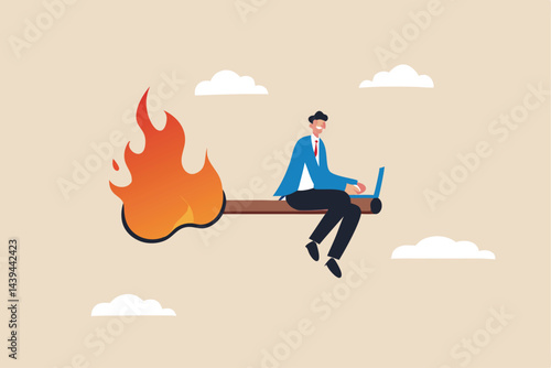 Burnout from overworked or pressure to finish within deadline, frustration or exhausted worker, despair employee or trouble concept, desperate businessman working with laptop on burning matchstick.