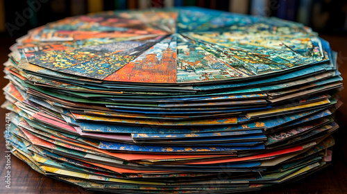 A stack of papers arranged in a circle each with different paintings on them on a wooden table