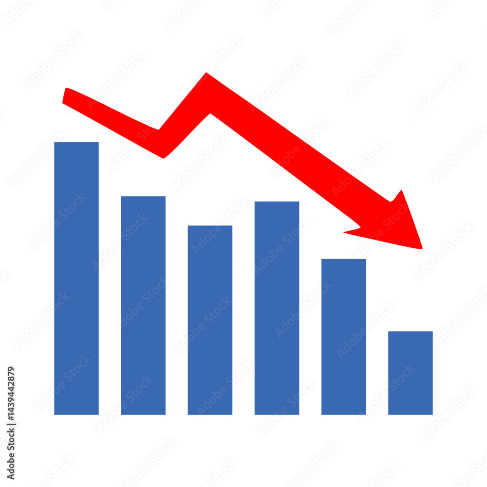 Red arrow going down stock icon on white background. Bankruptcy, financial market crash icon for your web site design, logo, app, UI. graph chart downtrend symbol.chart going down sign. Red arrow going down stock icon on white background. Bankruptcy, financial market crash icon for your web site design, logo, app, UI. graph chart downtrend symbol.chart going down sign.