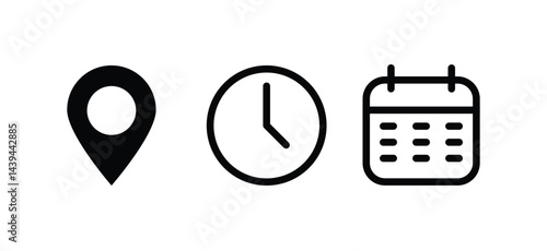Calendar, Location pin, Clock icons. Event icon set. Address, time, date symbols vector