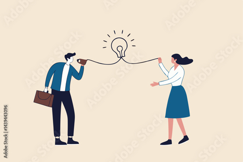Communicate idea, advice or solution, good communication skill for business success, brainstorm or discuss in meeting concept, smart businessman talk to colleague on phone line with lightbulb symbol.