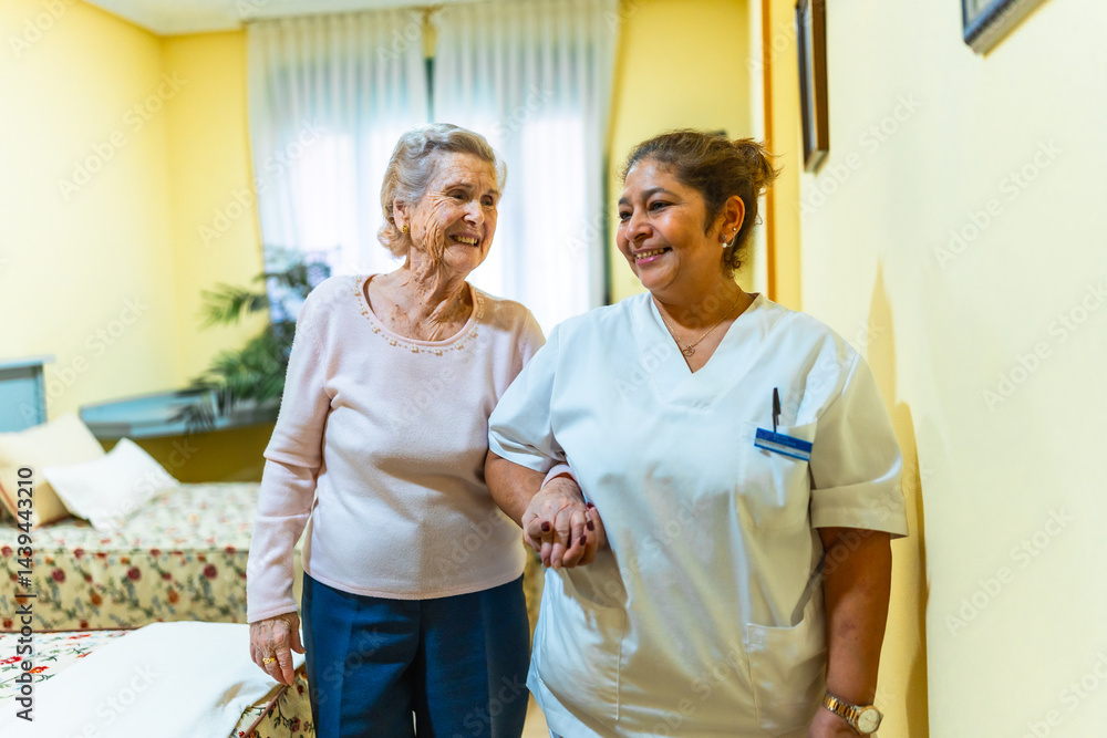 Nurse assisting elderly woman in nursing home