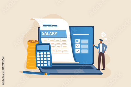 Salary payroll system, online income calculate and automatic payment, office accounting administrative or calendar pay date, employee wages concept, businessman standing with online payroll computer.