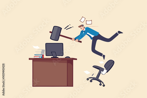 Frustration and chaos from computer problem or tech failure, stressful or anxiety from overworked or disappointment and mistake concept, frustrated businessman hitting to break computer with hammer.