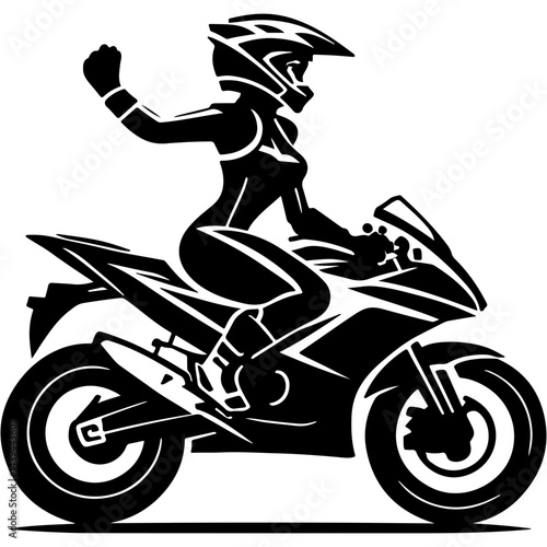 Sketchy sport emblem of biker girl raised her hand in greeting at the finish line in monochrome. Engraving minimalistic vector in black ink drawing on transparent background