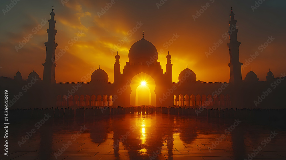 Fototapeta premium Golden light shines on a mosque with minarets and domes illuminating people gathered for prayer