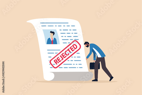 Job application rejected, disqualified or resume declined, HR human resource or hiring manager refuse, interview failure concept, sad businessman stand with his rejected resume application document.