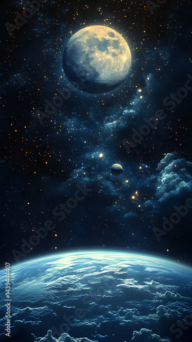 A celestial dance unfolds with Earth below illuminated by a radiant moon and stars afar