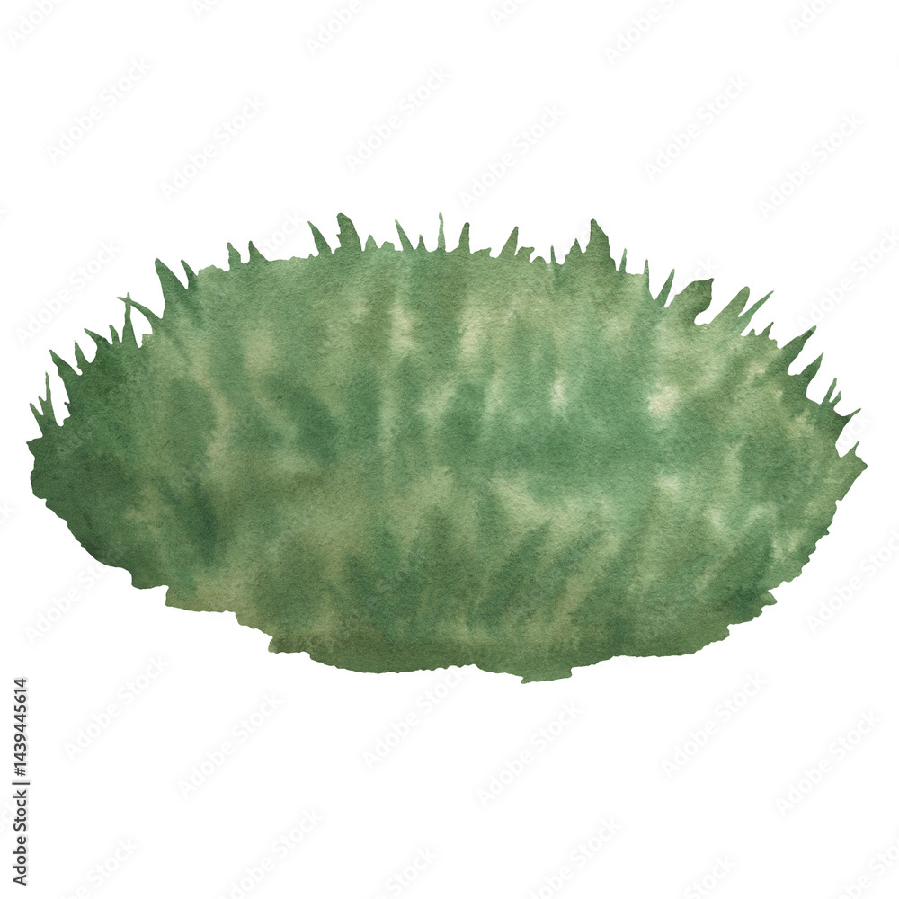 Naklejka premium Round surface patch covered with green grass. Hand drawn illustration of green lawn isolated on white background. Drawing of grass plot for design landscape, rural or farm scene. Fresh lush herb.