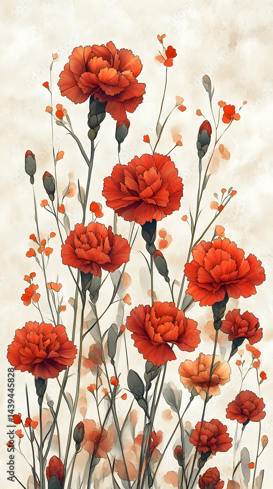 Obraz premium Red floral arrangement with small buds thin stems on a soft watercolor background