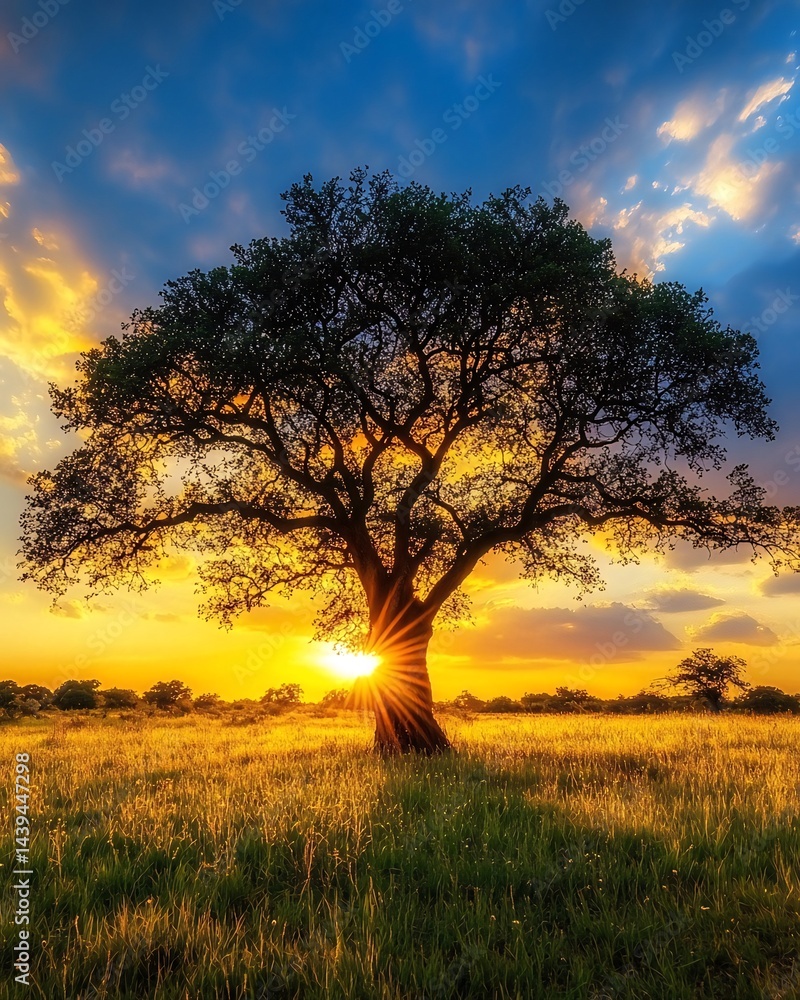 Fototapeta premium Sunset silhouette of acacia tree in African savanna