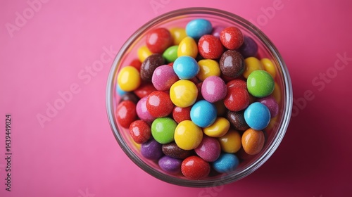 Colorful round candies in a glass bowl