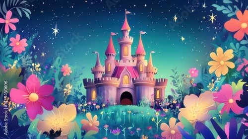 A soft pastel flower template with minimal cartoon animals around the border, sparkling stars in the background, dreamy atmosphere