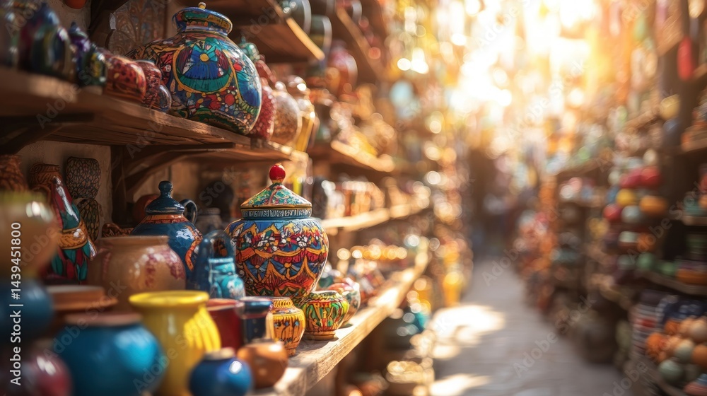 Fototapeta premium Shelves Displaying Colorful Ceramic Pottery Inside Of A Bright Shop