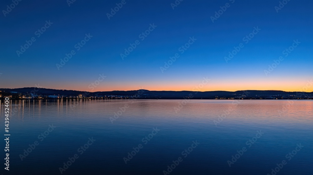 Fototapeta premium Evening sky reflects over the calm tranquil water of the lake