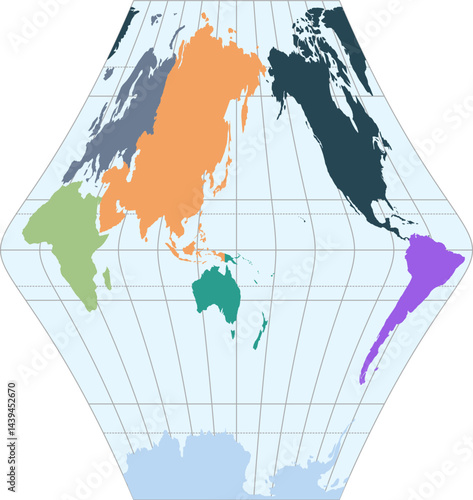 World vector map with continent boundaries and graticules in Asia-Pacific view (Urmaev V projection, PPT-compatible, pre-colored & fully editable)
