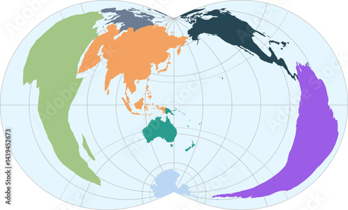 World vector map with continent boundaries and graticules in Asia-Pacific view (Rectangular polyconic projection, PPT-compatible, pre-colored & fully editable)