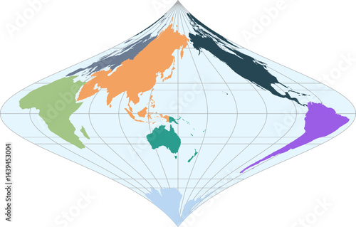 World vector map with continent boundaries and graticules in Asia-Pacific view(Fouc projection, PPT-compatible, pre-colored & fully editable)
