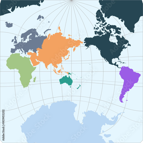 World vector map with continent boundaries and graticules in Asia-Pacific view (Adams square I projection, PPT-compatible, pre-colored & fully editable)