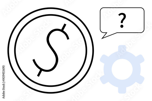 Dollar coin next to speech bubble with question mark and gear. Ideal for finance, problem-solving, business strategy, investment, decision-making, money management, flat simple metaphor