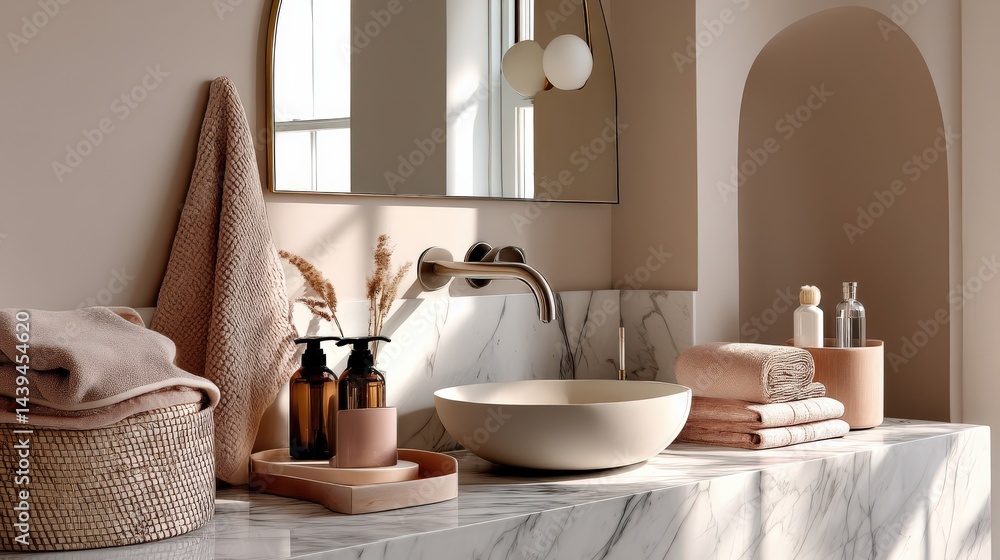 Minimalist Luxury Editorial of Chic Modern Bathroom with Marble Countertops, Arched Mirror, Soft Warm Lighting, Neutral Tones, Elegant Feminine Vibe. Minimalist Luxury Editorial of Chic Modern Bathroom with Marble Countertops, Arched Mirror, Soft Warm Lighting, Neutral Tones, Elegant Feminine Vibe.