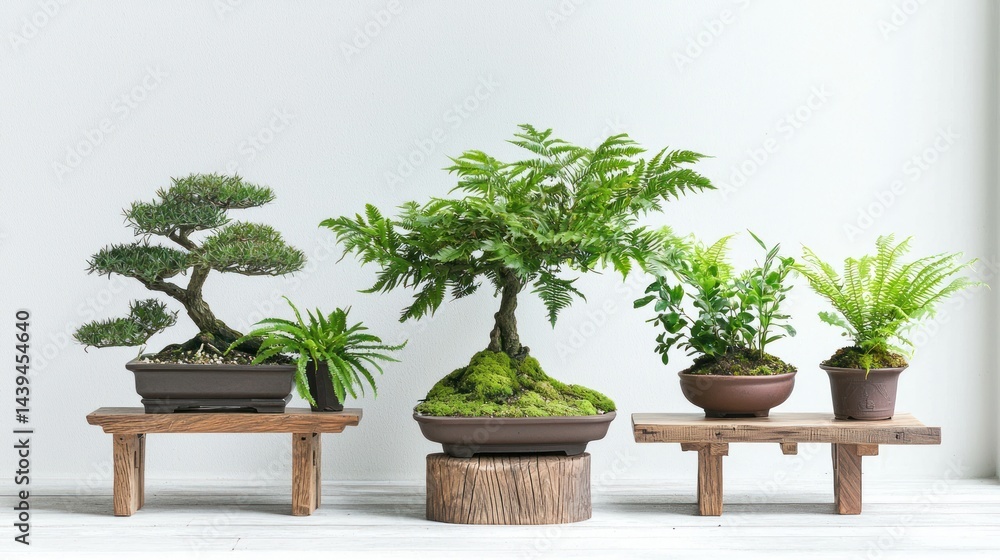 Indoor bonsai tree and ferns on wooden stools on white background. Indoor bonsai tree and ferns on wooden stools on white background.