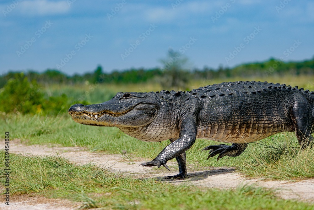 Fototapeta premium Huge Alligator Crossing the Path at Orlando Wetlands 