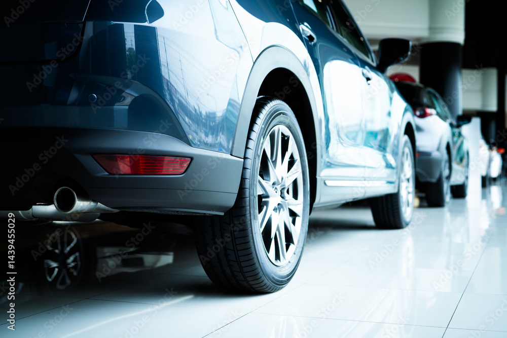 Car parked in luxury showroom. Car dealership office. Car showroom business. New car parked in modern showroom. Auto for sale and rent business. Automobile leasing and insurance. Electric automobile.