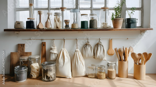Obraz na płótnie Reusable Glass Jars Highlighting a Sustainable Kitchen Space w salonie