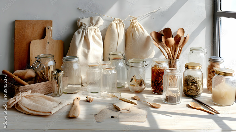 Neat Zero Waste Kitchen Shelves Full of Glass Storage Jars